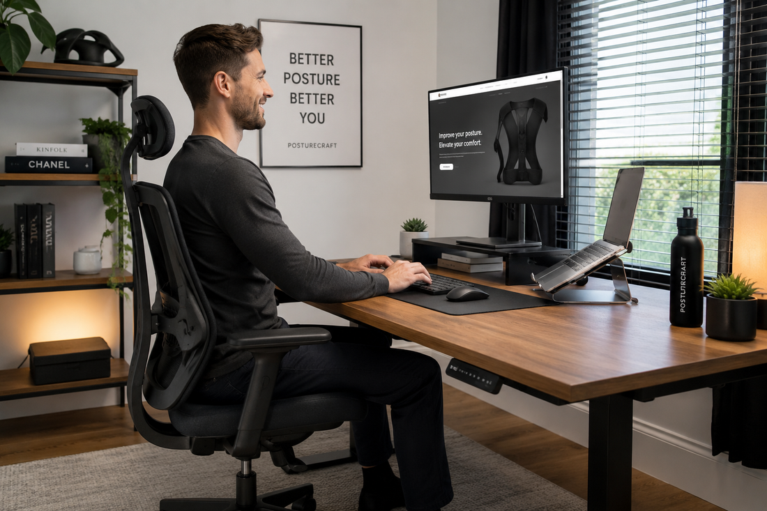 Person working comfortably at an ergonomic desk setup with improved posture