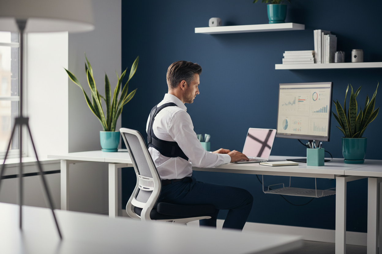 Man at desk with posture corrector and ergo cushion
