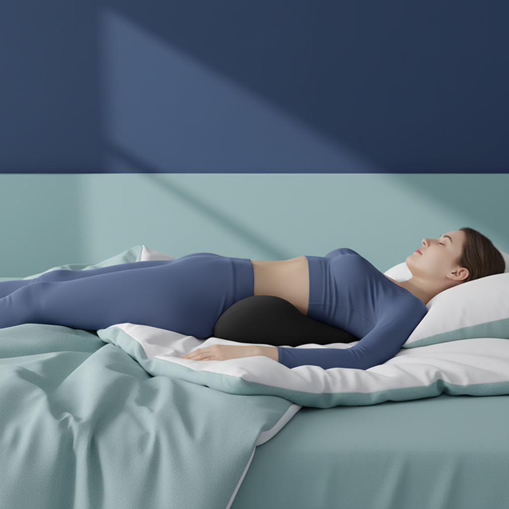 Woman lying with black lumbar cushion
